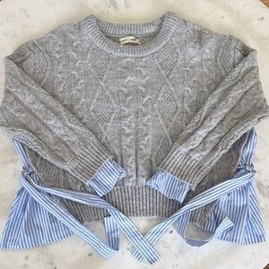 Anthropologie Gray Cable Knit Sweater with Blue Striped Accents